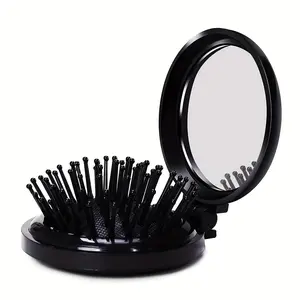 1-piece portable folding comb mirror dual-purpose, round mini massage comb, Anti Tangle Brush, Hair Grooming Brush, Detangling Hairbrush, suitable for carrying in handbag/pocket, women's travel special model