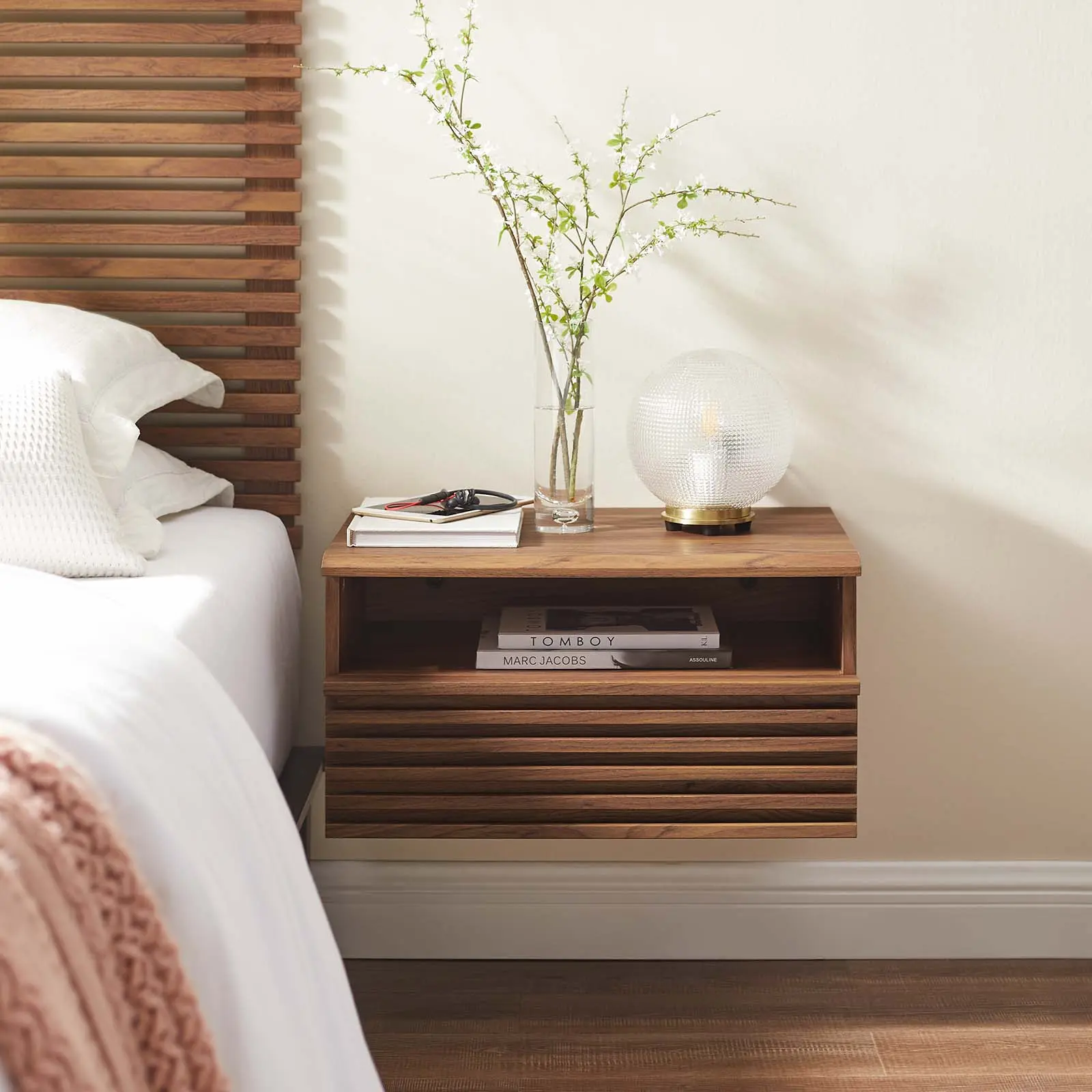 Modway Render Wall-Mount Nightstand in Walnut