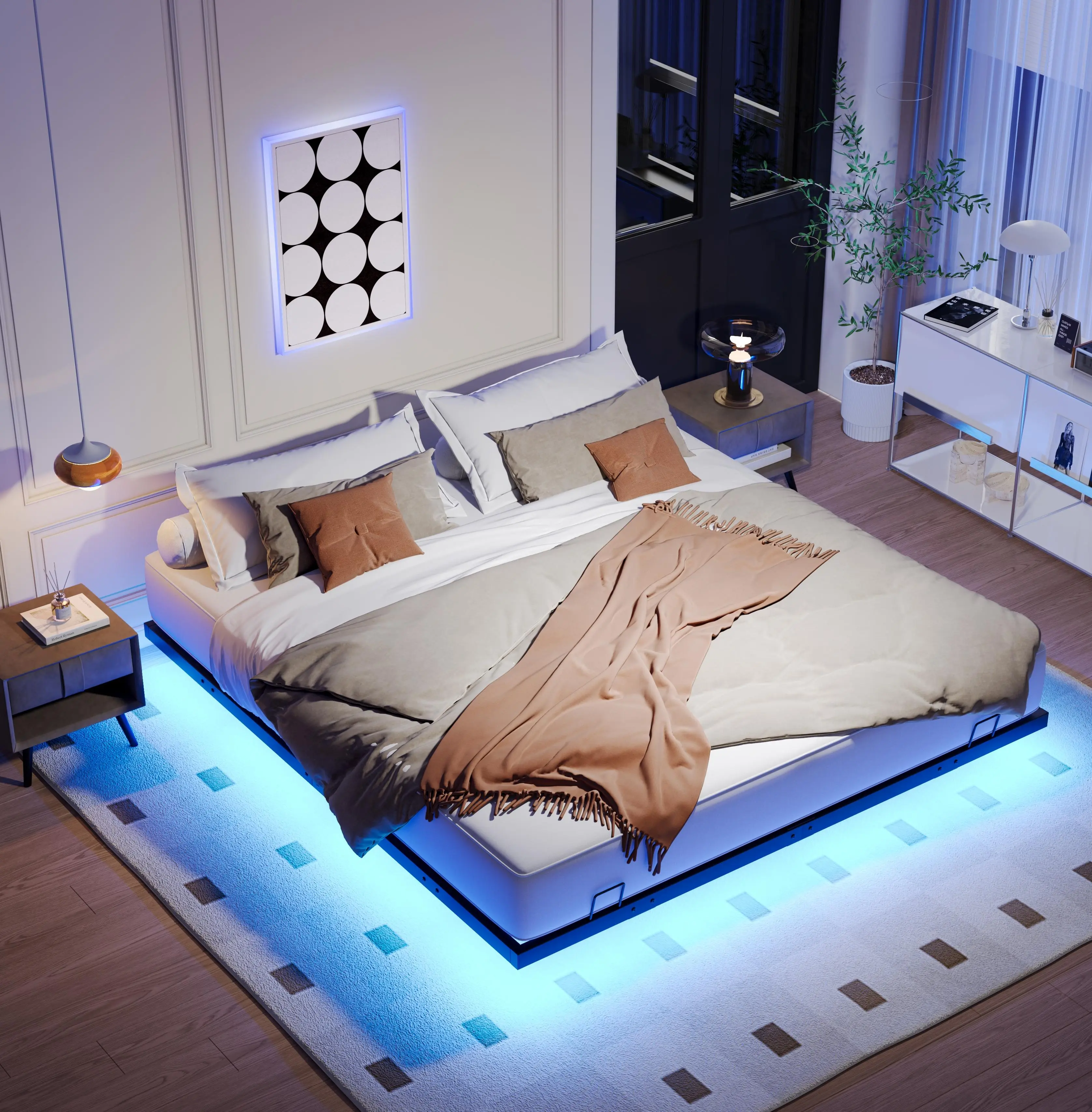 Queen/King Size Floating Bed Frame with LED Lights, Sturdy Metal Platform Bed, Solid and Stable, Noise Free, No Box Spring Required, Easy Assembly, Perfect for Bedroom (Black)