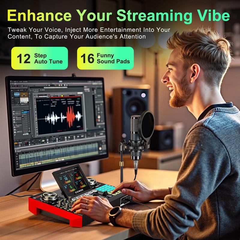 Tenlamp G10-Series Audio Mixer, Live Sound Card with XLR Microphone Connector, Professional Chipset, 48V Phantom Power Supply, One Touch Noise Reduction, One Touch Voice Change for Podcast,Recording,Vocal,Game Voice#TikTokShopBlackFriday