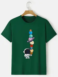 [TEA-SHOP] Men's Cartoon Polyester Astronaut And Planet Print Tee Best Sellers, Comfort Fit - Perfect for Summer and Spring, Full Sizes Full Colors, Ideal Gift Option.