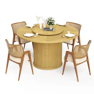 55-inch Round Dining Table for 6, featuring a double-tiered storage rack and a rotating tabletop tray. Wooden wavy-striped sliding doors. Ideal for home dining room living room