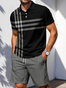 Men's 2 Piece Summer Outfits Khaki Color Block Plaid Short Sleeve Polo Shirts Drawstring Casual Solid Shorts Set