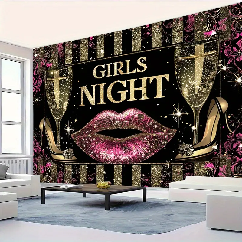 1pc Girls' Night Out Party Banner - Glitter Golden-Pink Lips Design with Champagne Glasses & Floral Print Backdrop - Durable Polyester Photo Booth Decor for Bachelorette Parties, Birthdays - No Power Needed, Bright Colors