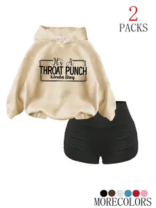 Women's Two-Piece Set, Loose-Fit Thick Fabric, Casual Style, Regular Length, Hoodie, Drawstring, Sweatshirts, Tops, Print, Perfect for Fall & Winter, Daily & Outdoor Use, Hooded Sweatshirts