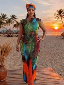 Women's Elegant Style Ombre Gradient Long Dress Set, Slim-Fitting Moo Moo Skirt & Scarf, Beach Sun Protection Silk Shawl, All Seasons Fashion