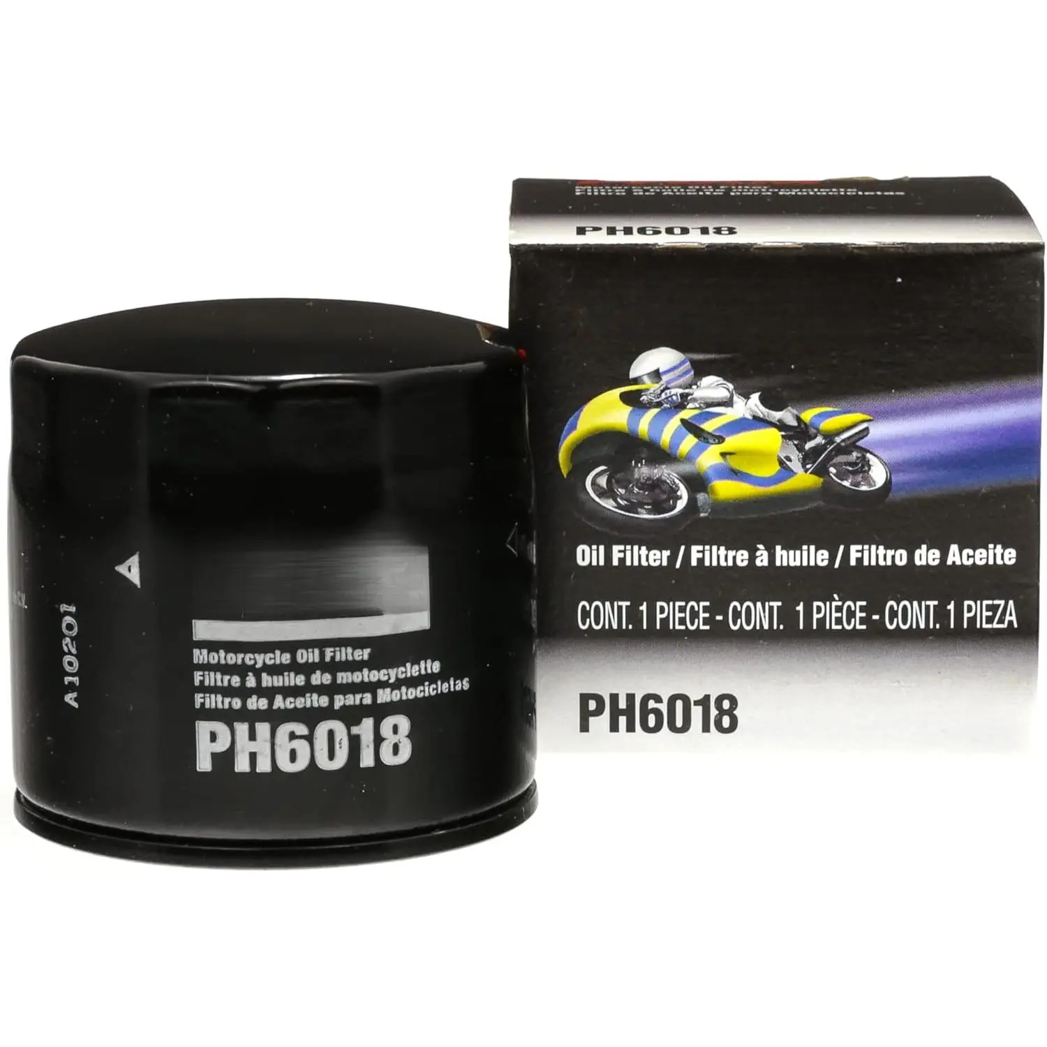 Extra Guard PH6018 Spin-On Motorcycle Engine Oil Filter - Cellulose & Glass Media, 10,000 mi Protection, 95% Dirt Particle Capture, Easy Installation, Meets Manufacturer’s Recommended Change Intervals, for Select Model Years & Everyday Drivers