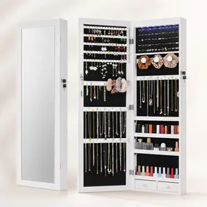 “47.2” Jewelry Armoire with Full-Length Mirror, 6 LED Lights, Lockable Large Capacity Storage, Wall or Door Mounted, White Jewelry Cabinet Organizer for Rings, Necklaces, Earrings, Bracelets”