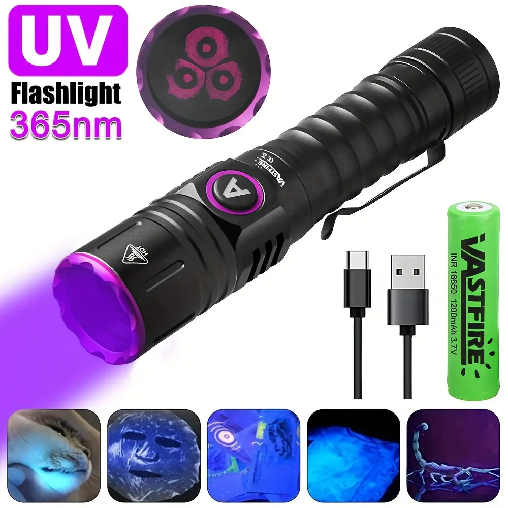 15W 3x LED 365nm UV Blacklight Flashlight - High-Intensity Ultraviolet Light for Invisible Ink, Resin Curing, Pet Stain Detection, and Fluorescent Inspection - Rechargeable Handheld Torch with 18650 Battery and TYPE-C USB Charging