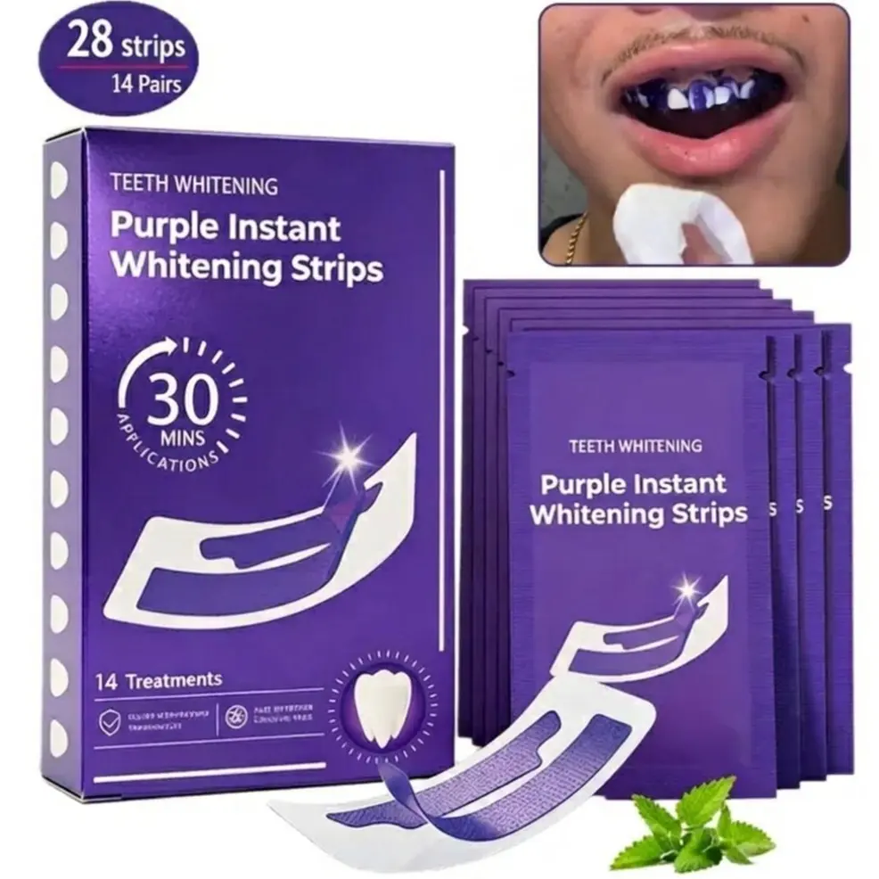 Purple Teeth Whitening Strips 14 Pairs – Peroxide-Free & Enamel Safe for Sensitive Teeth, No Pain Yellow Stain Corrector, Natural Color Enhancement for Brighter Smile, Daily & Travel Use #Summervibes whiten session