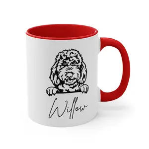 Doodle Dog Mug Custom Dog Name Coffee Mug Doodle Mom Gift Golden Doodle Mug Gift for DogMom Ceramic BPA Free Microwave Dishwasher Safe 11oz White with Red Handle