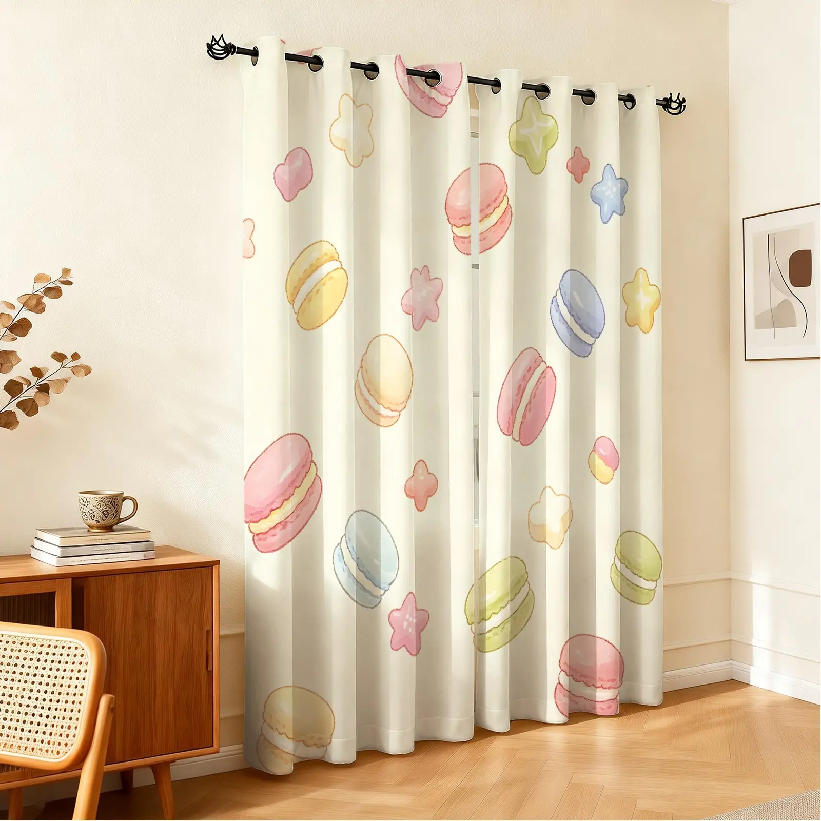 2Pcs Hand-drawn Crayon Doodle Cute Elements Curtains, 85% Blackout, Fresh Sweet Style, Decorate Living Room And Balcony Summer Space