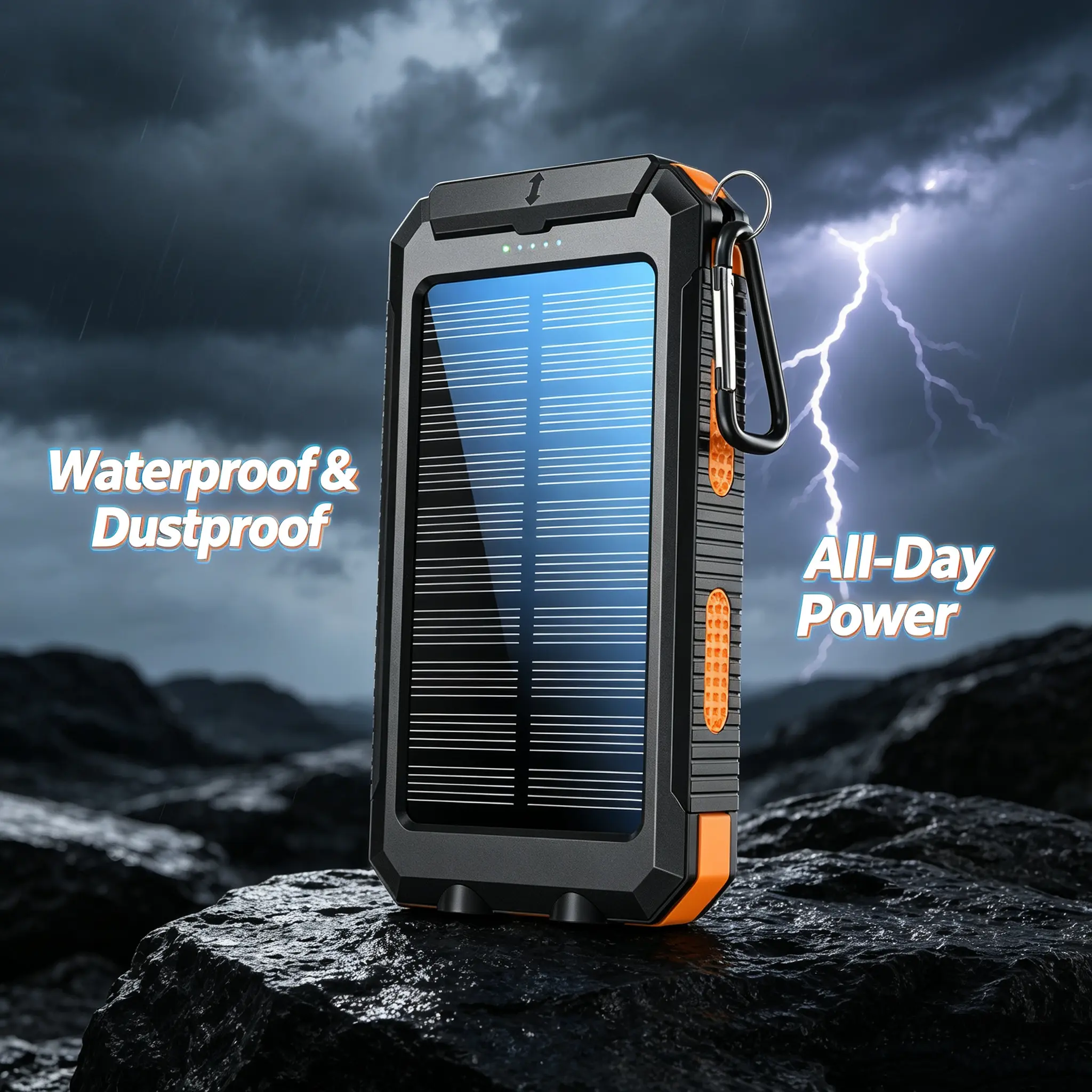Rugged Solar Power Bank Dual USB Fast Charge Outdoor Portable Charger with Compass 3-Mode LED Flashlight for Camping Hiking Travel