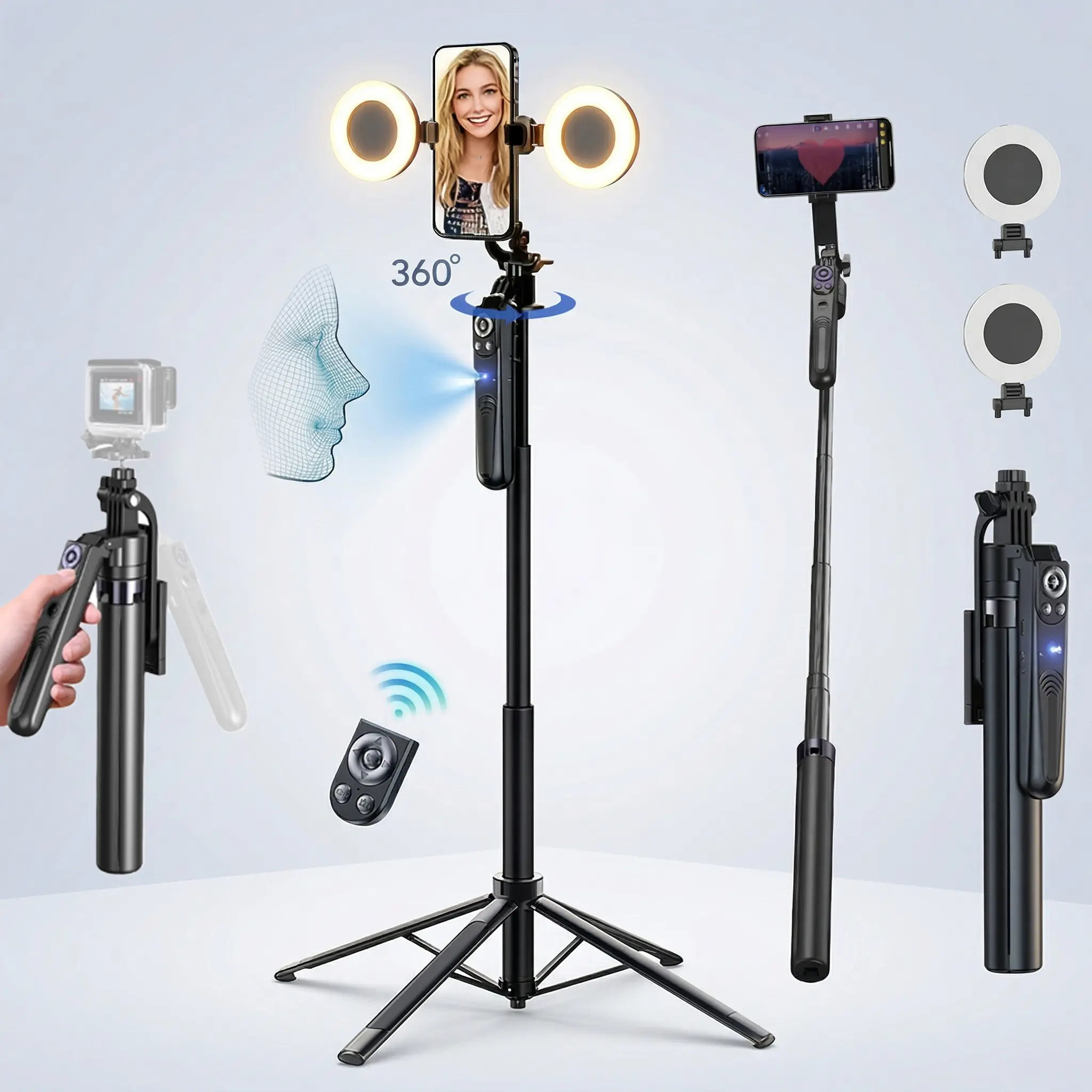 Smart AI Facial Recognition phone tripod stand,360 Rotation Travel Selfie Stick Stand,Face Tracking Phone Tripod with Light and Remote, Selfie Stick for Video Recording & TikTok Live Streaming & Content Creator