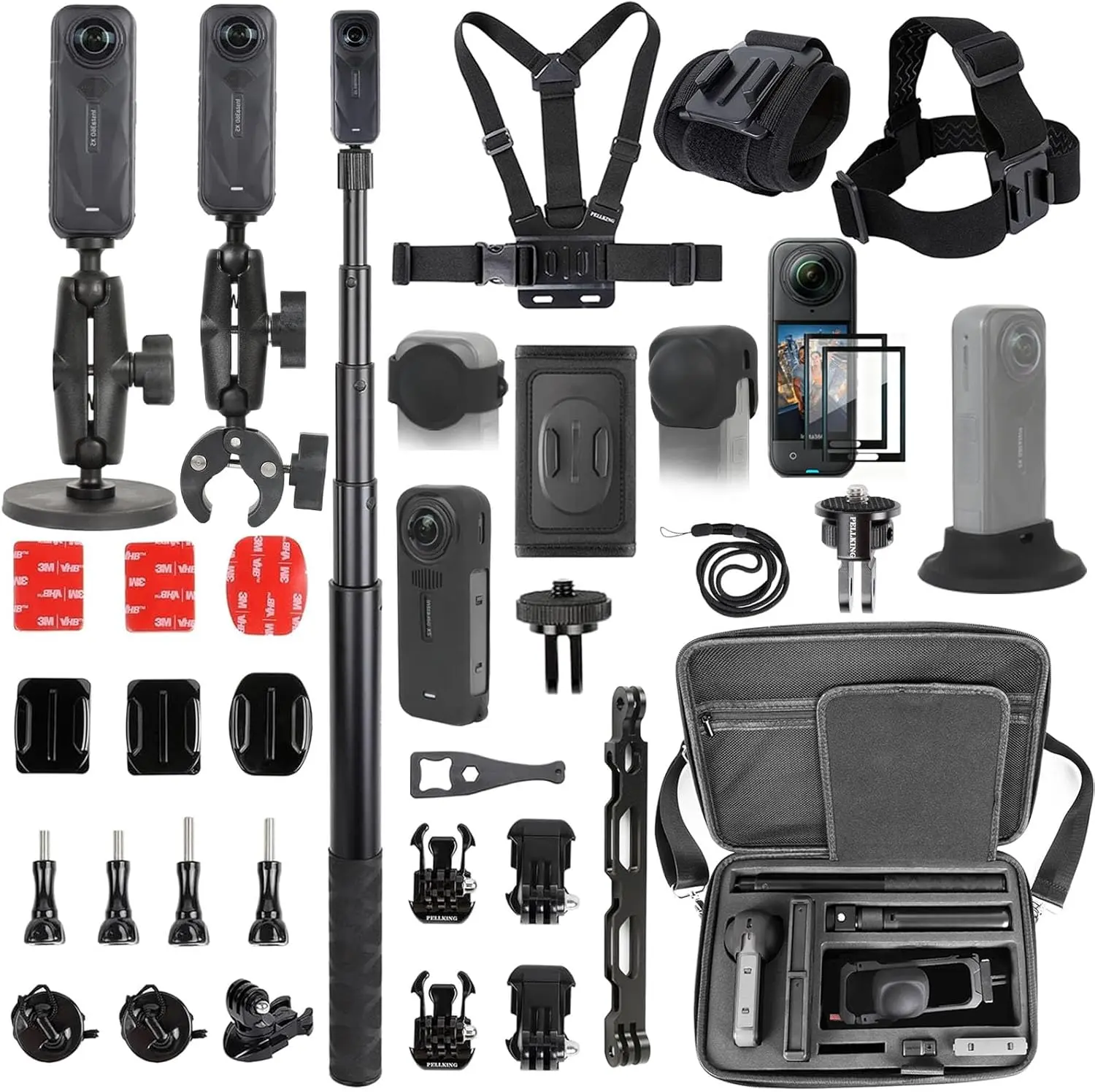 PellKing Full Accessory Kit for Insta360 X5 Camera - Metal Parts Include 2 Metal 1/4" Adapters, Carrying Case with Belt, Handlebar Clamp, Magnet Mount, 43in Selfie Stick, Chest Strap, Head Strap, Backpack Mount & More