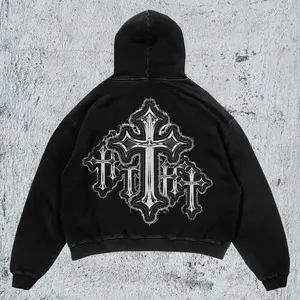 Y2K Retro Cross Printed Graphic Hoodie Distressed Black Washed Pullover Unisex Streetwear with Pockets Heavyweight Fabric Oversized Fit
