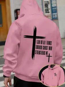 Men's Fashion Religious Theme Printed Casual Long Sleeve Drawstring Graphic Hoodie, Adjustable Drawstring, Front Kangaroo Pocket, Fall & Winter Streetwear