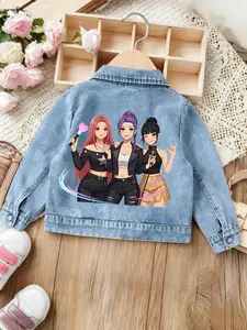 Girls' Idol Group Stage Denim Jacket, Light Blue Washed Jean Fabric, Back Colorful Stage Print, Casual Kids Clothing, 1-8 Years