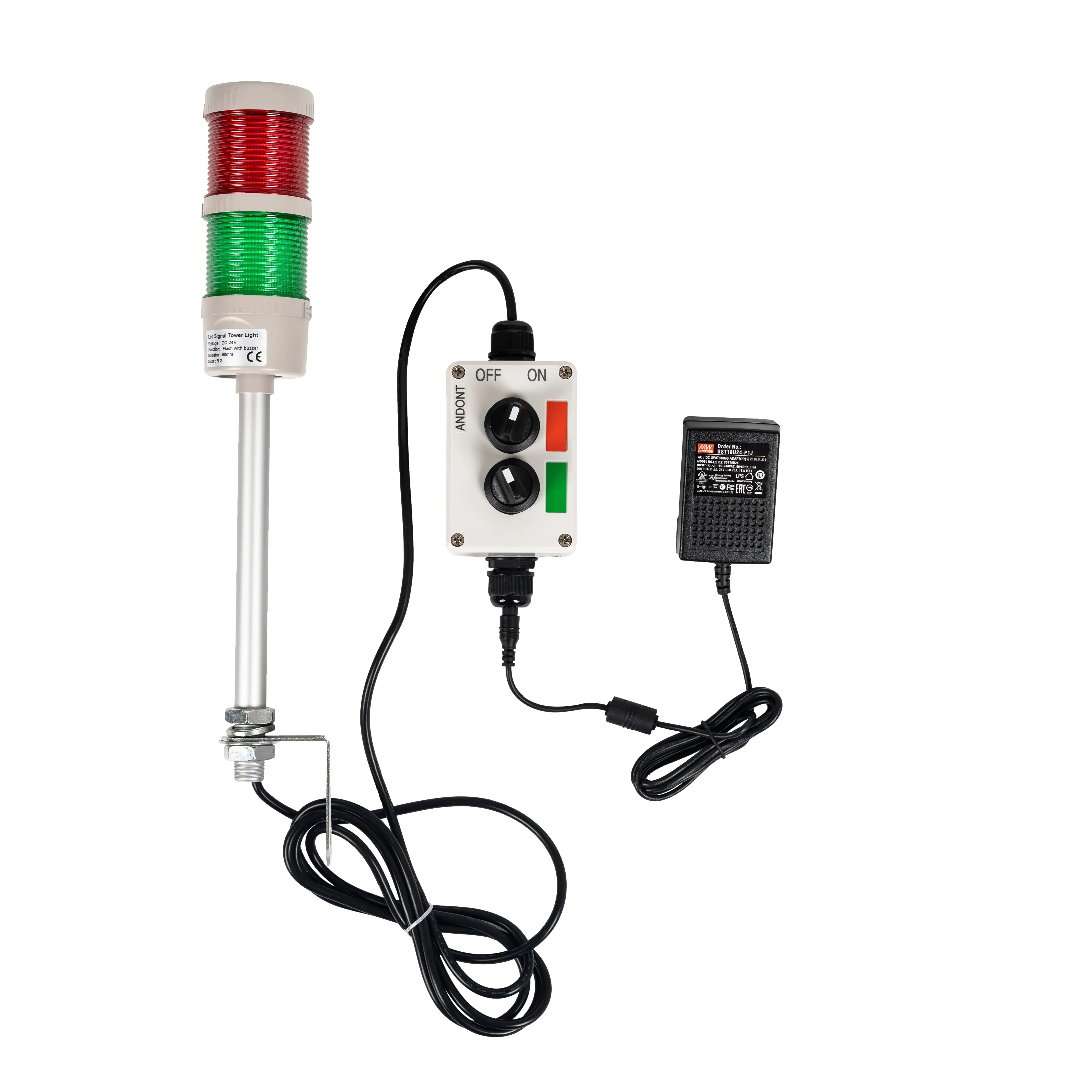 ANDONT 2 Stack Super Bright LED Andon Tower Lights with Buzzer, Off-ON or Flash,16 ft Extension Cord, 6 ft Industrial Adapter, Plug Play Ready