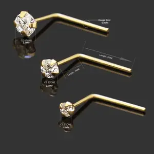 14K Yellow Gold Prong Set Round CZ Stone 22 Gauge L Shape Nose Stud Piercing Jewelry