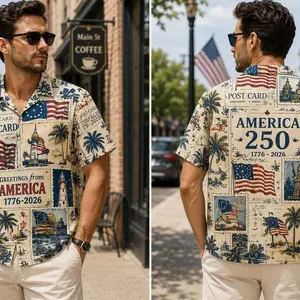 Vintage America 250th Day Hawaiian Shirt, Patriotic Postcard Button Up Shirt, USA 1776 2026 Retro Vacation Shirt, Fourth of July Aloha Shirt