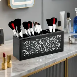 Black Makeup Brush Holder, 4-Compartment Makeup Organizer with Crushed  , Vanity  Organizer Solution, Pencil Holder Organizer for Desk