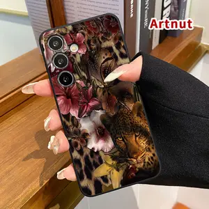 Straight Edge Phone Case Compatible with Samsung Galaxy S23 Ultra S24 Plus S25 S22+ Wildflower Leopard Harmony Pattern Pocket-Friendly Shockproof Liquid Silicone Protective Soft Smartphone Casing