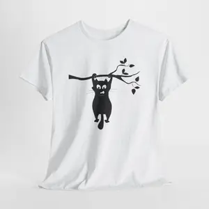 Women's cute cat Graphic T-Shirt - Short Sleeve Crew Neck Regular Fit Casual Wear | Soft & Breathable Fabric, Durable Print, Everyday Comfort, Machine Washable, minimalist cat hanging from a tree branch