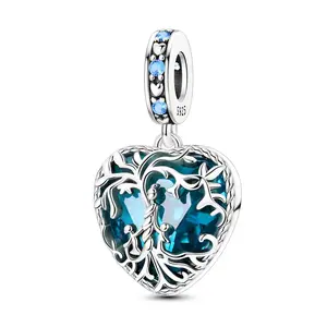 MULA Tree of Life Blue Heart Pendant, 925 Silver Plated Cubic Zirconia and Glass - Compatible with Pandora Bracelets and Necklaces, Perfect for Mother's Day, Birthdays, Christmas, etc.