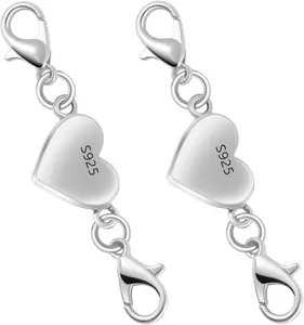 925 Silver Heart-Shaped Magnetic Necklace Clasps and Closures, Magnetic Clasp Converter for Jewelry Making Supplies,Chain Extender Connector for Necklace Bracelet (2pcs Silver)