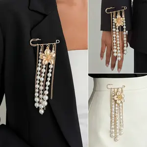 Metal Flower Pearl Tassel Brooch, Multi-Layer Beaded Chain Safety Pin, Elegant Vintage Lapel Pin for Suit & Dress summervibes