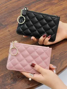New Fashion Rhombus Leather Zipper Coin Purse, Soft Mini Coin Bag, Short Trendy Wallet for Women, Genuine Sheepskin, Stylish and Practical
