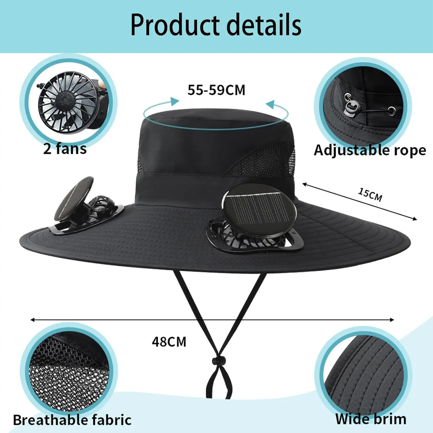 Hat with Fans Solar Power, Wide-Brim Sun Hat with 2 Solar Fan for Men Women, UPF 50+ Bucket Fishing Hat with Fan Built in