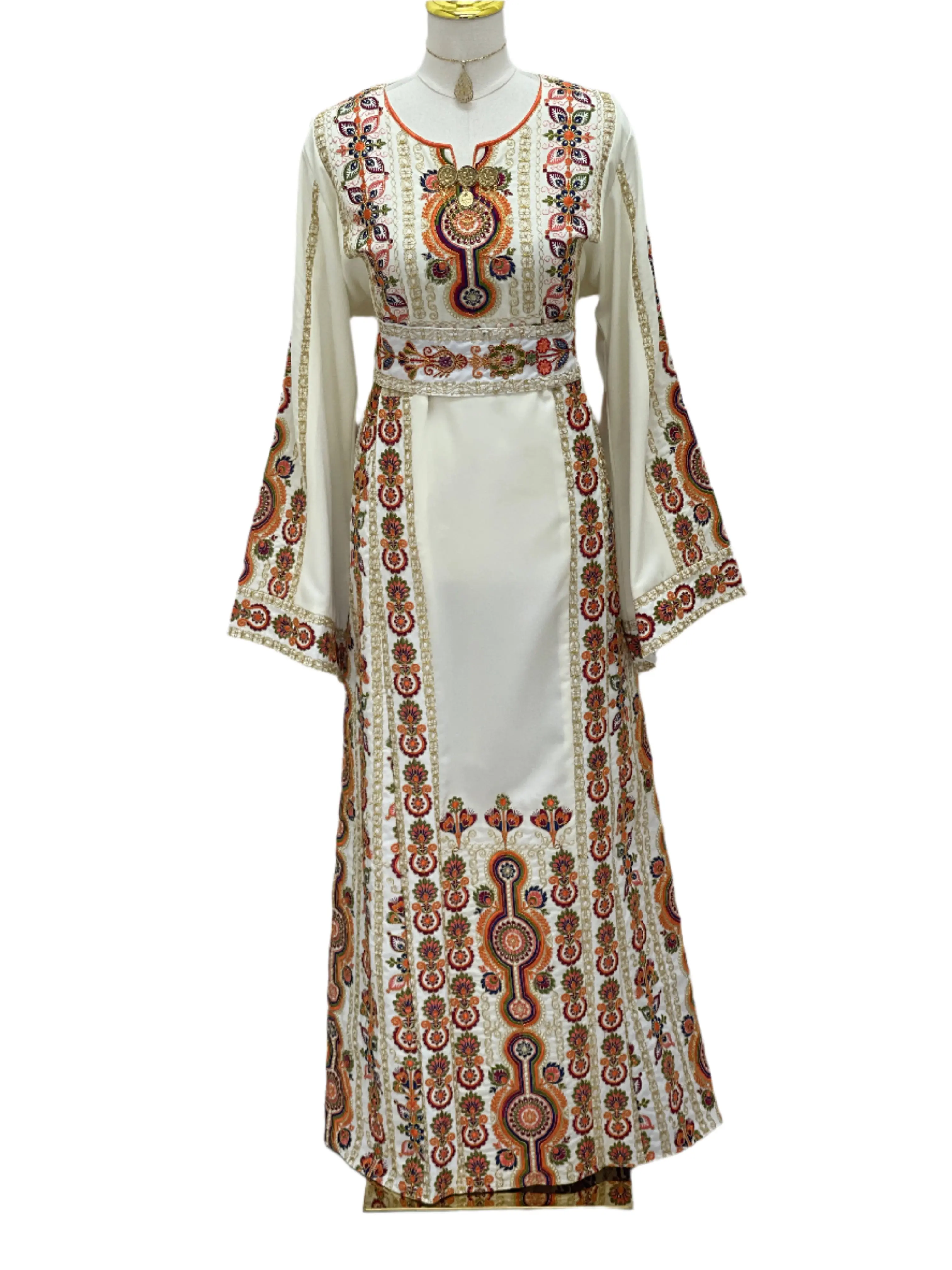 Palestinian Elegance Salma Ivory Embroidered Thoub Modest Dress