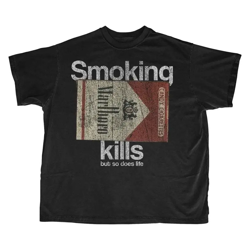 Unisex Vintage Cotton Casual Sports Graphic T-Shirt - Retro "Smoking Kills But So Does Life" Double-Sided Print, Loose Fit, Soft Natural Breathable Fabric, Machine Washable, Multi-Size Vintage Graphic Tees for Men & Women