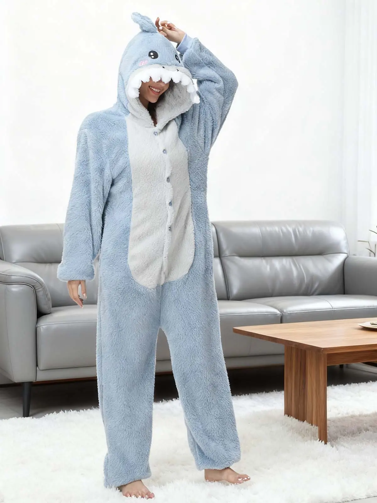 Women's Cute Plush Fleece Animal Onesie Nightwear - Adult Unisex Hooded Long-Sleeve Loose Button Top, Soft Fit Fabric for Cosplay & Loungewear