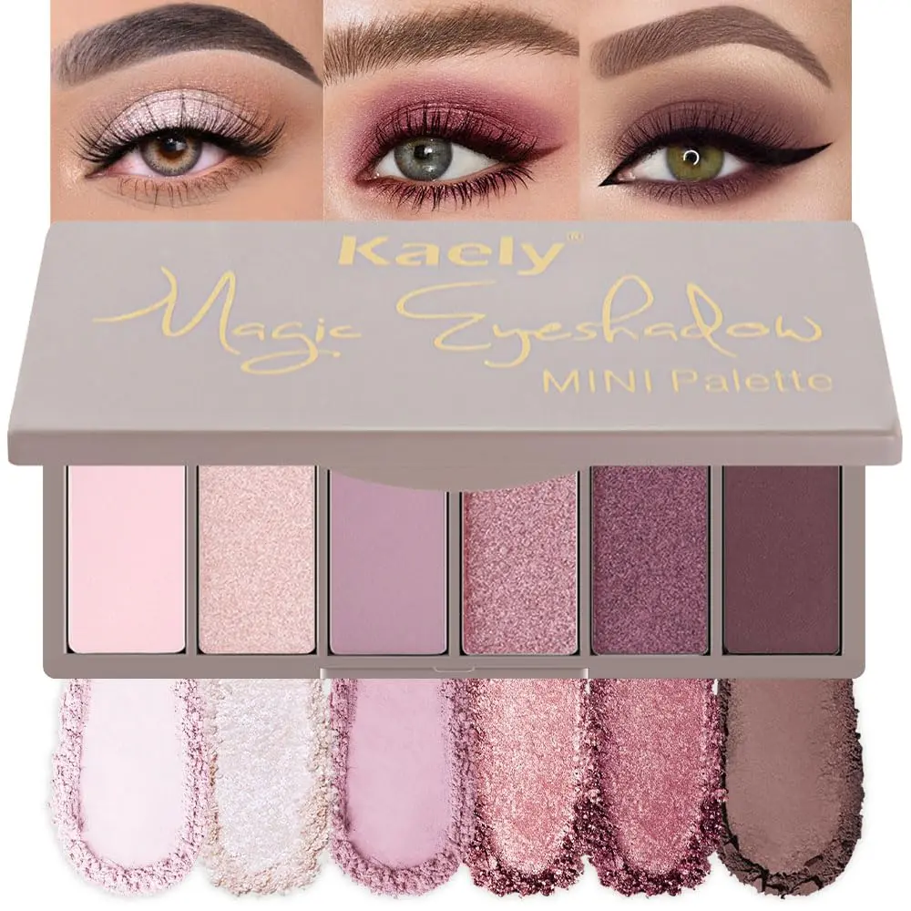 evpct 6-Color Pink Eyeshadow Palette for Older Women - Nude Pink, Plum, Mauve, Champagne, Rose, Orchid, Wine Red Shades, Glitter, Shimmer, Matte, High-Pigment Mini Travel Makeup Palette with Built-in Mirror
