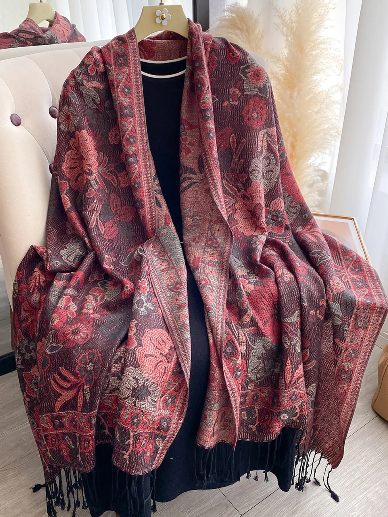 Vintage Floral Plant Print Scarf, Soft Warm Shawl for Fall & Winter, Casual Fashion Accessory for Daily Wear