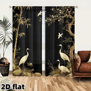 2D Flat 2Pcs Japanese Style Crane Bamboo Curtains Black Gold Oriental Bird Print Window Panels Elegant Cherry Blossom Tree Design Thermal Insulated Living Room Bedroom Curtain Home Decor Treatment