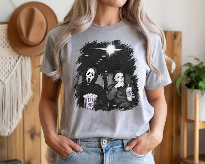 Lady's Fitted Short-Sleeve Casual Style Ghostface & Michael Myers Retro Slasher Horror Halloween Spooky Graphic T-Shirt