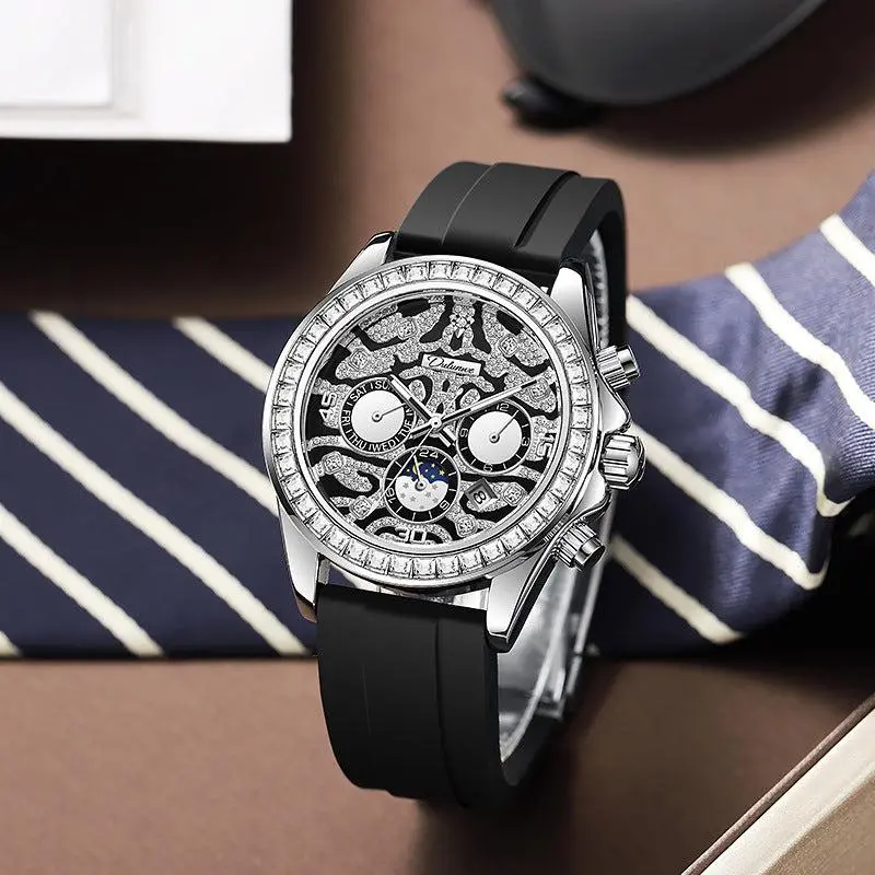 Men's Multi-functional Sun Moon Star Calendar Display Automatic Mechanical Watch - Waterproof, Steel-Silicone Band Fashion Watch for Men