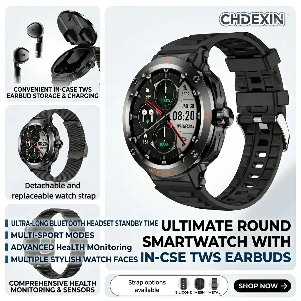 CHDEXIN Smart Watch with Integrated Bluetooth Earbuds | 24/7 Health Tracking Sports watch | Men's Rugged Fitness Watch with Custom Watch Faces - Stopwatch