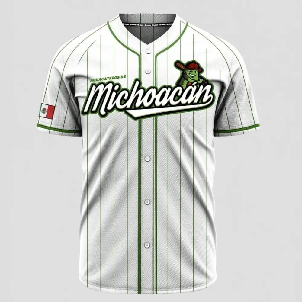 Aguacateros de Michoacan White Baseball Jersey – Mexico Heritage Pinstripe Button-Up Sports Shirt, Avocado Mascot Graphic, Unisex Fan Apparel