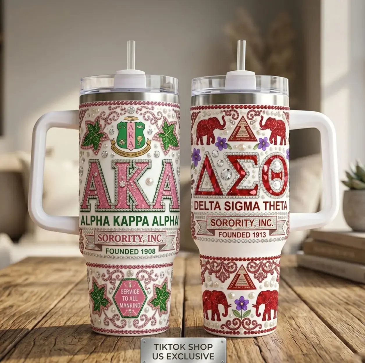 Sorority 40oz Tumbler with Handle | AKA Alpha Kappa Alpha & DST Delta Sigma Theta Bling Rhinestone Insulated Travel Mug | Greek Life Sisterhood Gift