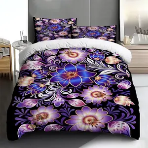 Bedding Set - 2PCS/3PCS 2D Flat Purple and Blue Floral Pattern Duvet Cover Set (1*Duvet Cover + 1/2*Pillowcases, without filling), Multi-color Printed Bedding Set, Soft and Comfortable, suitable for home bedrooms and guest rooms.
