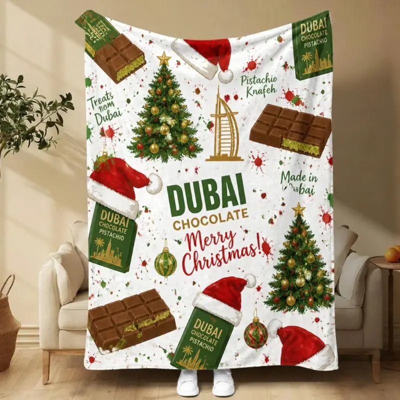 Christmas Dubai Chocolate Pistachio Kunafa Flannel Blanket | Holiday Snack Girl Weird Cozy Festive Chocolate Throw | Novelty Foodie Christmas Gift for Dorm Kitchen Decor