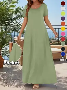 Women's Casual Commuter Plain Minimalist Short Sleeve Dress with Pockets, Loose Fit Summer & Fall, Essential Beachwear