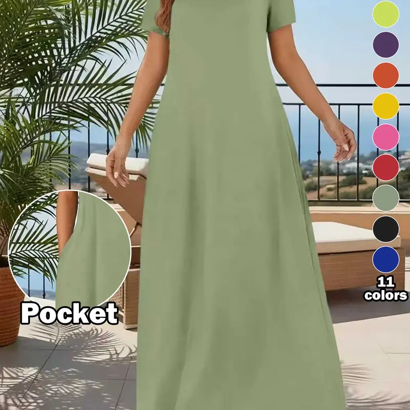Women's Casual Minimalist Plain Short Sleeve Round Neck Dress with Pockets, Loose-Fit Summer Wear for Commuting, Essential Beachwear, Beach Sundress, Womenswear, Casual Minimalist Fashion