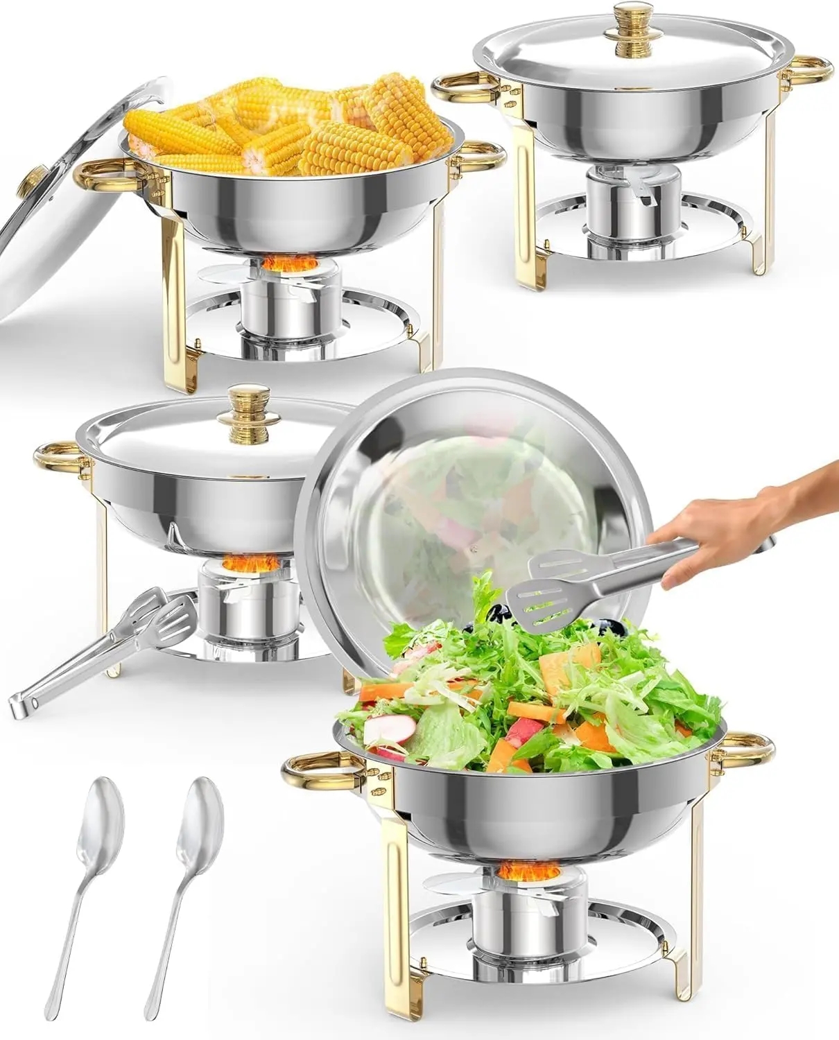 4 Pack 5QT Gold Chafing Dish Buffet Set - Luxury Round Stainless Steel Food Warmer with Lid Holder, Serving Spoons & Tweezers - Professional Catering Equipment for Weddings, Parties, Events