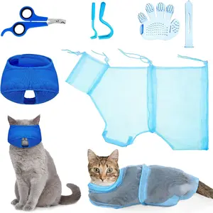 5 Pcs Cat Bathing Bag Set Cat Grooming Bag Adjustable Pet Shower Net Muzzles Nail Clipper Tick Remover Tool Massage Brush(Blue) cat  bath  bag Comprehensive Cat Bathing Set